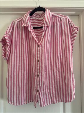 beachlunchlounge Pink and White Striped Button-Up Blouse